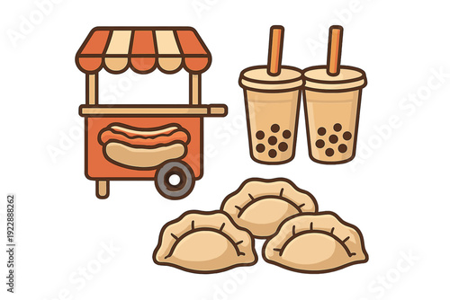 This graphic set includes a stylized hot dog cart with a striped roof, two bubble tea drinks with pearls, and three dumplings, rendered in a warm color palette with thick outlines.