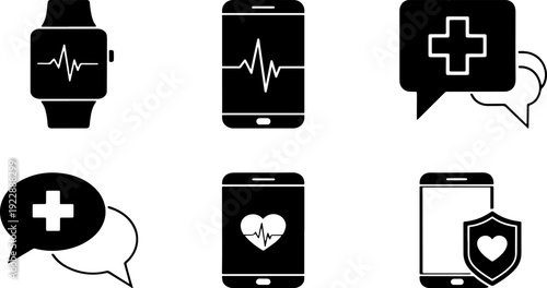 Health medical smartwatch smartphone chat app icons vector black set