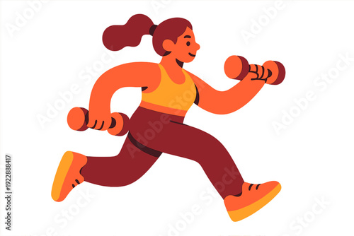 A flat illustration of a woman with a ponytail running while holding orange dumbbells. She is wearing a yellow sports bra and dark red leggings against a black background.