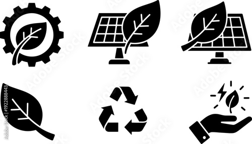 Green energy solar panel recycling plant eco icons vector black set