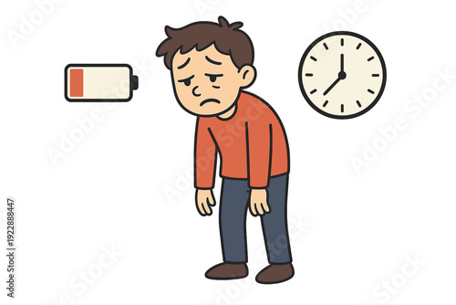 A cartoon illustration of a tired man with dark circles under his eyes standing next to a low battery icon and a clock. He looks exhausted and drained of energy on a black background.