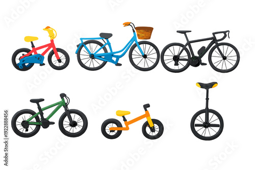 A collection of six stylized 3D rendered bicycles and a unicycle in various colors including red, blue, black, green, and orange, all set against a solid black background.