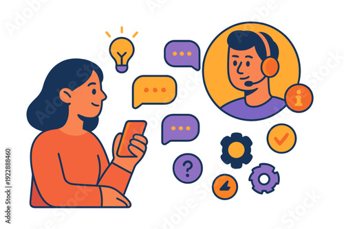 A woman communicates with a male support agent via her mobile phone in this flat vector illustration featuring icons for ideas, questions, settings, and successful resolution.