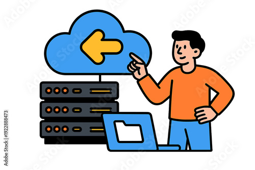 A cartoon man points at a blue cloud with a yellow arrow, standing next to a stack of servers and a laptop with a folder icon. This represents cloud storage and data management.