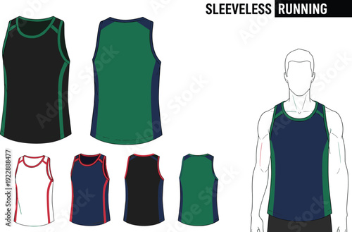 Sleeveless running shirt design, athletic tank top apparel, front and back views, sportswear template, fitness clothing, vector illustration set
