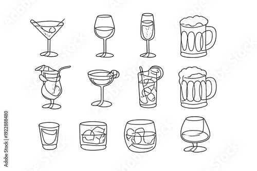 A collection of twelve hand-drawn white line art icons depicting various alcoholic drinks and cocktails, including wine, beer, and spirits, set against a solid black background.