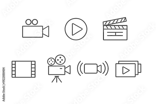 Seven minimalist white line icons related to filmmaking and video media are displayed on a solid black background, featuring a movie camera, clapperboard, and film strip.