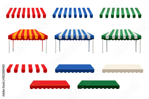 A collection of various striped and solid awnings and market stalls in red, blue, green, yellow, and white, isolated on a black background for retail and commercial design projects.