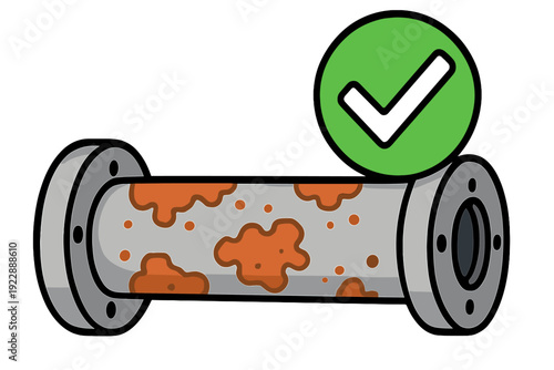 An illustration of a grey metal pipe with orange rust spots and flanges on both ends, featuring a green checkmark icon above it to indicate a successful inspection or repair.