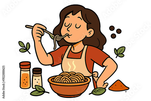 A cartoon illustration of a woman with brown hair wearing an apron, enjoying a bowl of steaming noodles. She holds a fork to her mouth while spices and herbs sit on the table nearby.