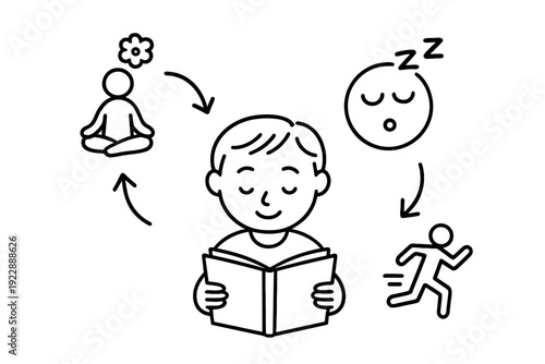 A black and white illustration of a boy reading a book surrounded by icons for meditation, sleeping, and running, representing a balanced daily routine and healthy lifestyle habits.