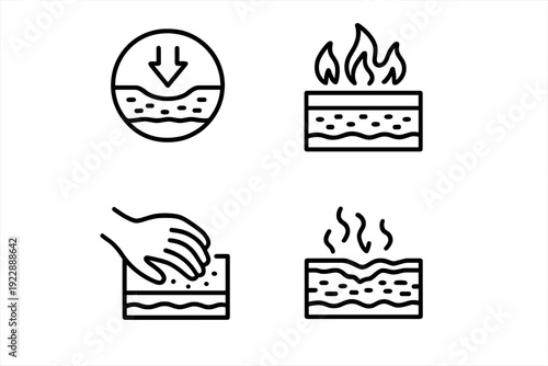 Four minimalist white line icons on a black background depicting material features including pressure absorption, fire resistance, hand feel, and moisture wicking properties.