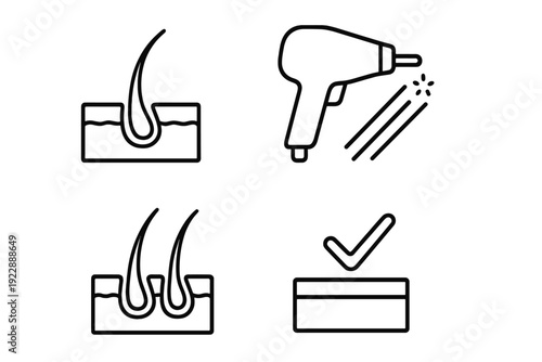 A set of four minimalist black line icons illustrating hair follicles in skin, a laser hair removal device emitting light, and a checkmark indicating successful treatment.