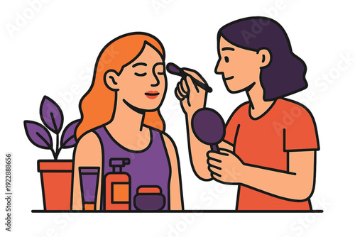 A flat vector illustration of a woman applying makeup to another woman's face using a brush. The scene includes cosmetic products, a hand mirror, and a potted plant in the background.