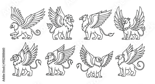 Eight detailed line art illustrations of mythical griffins in various poses