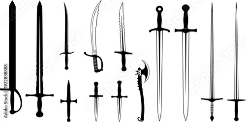Medieval sword and fantasy weapon silhouette, knightly blade and combat equipment vector illustration.