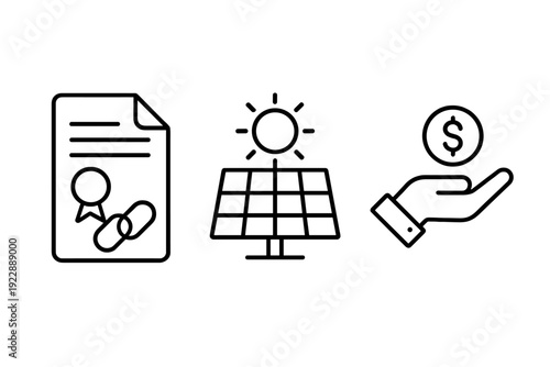 Three white line icons on a black background representing a certified document, a solar panel under the sun, and a hand holding a dollar coin for renewable energy investment.