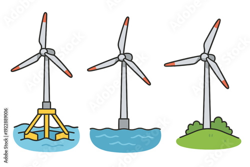 Three cartoon illustrations of wind turbines showing different placements: a floating offshore platform, a fixed offshore base in water, and an onshore turbine on a green grassy hill.