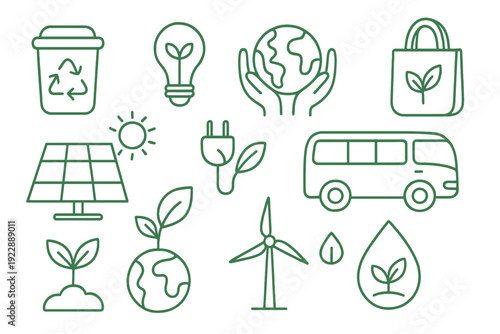 A collection of green line art icons representing environmental sustainability, including a recycle bin, solar panel, wind turbine, electric bus, and various plant-themed symbols.