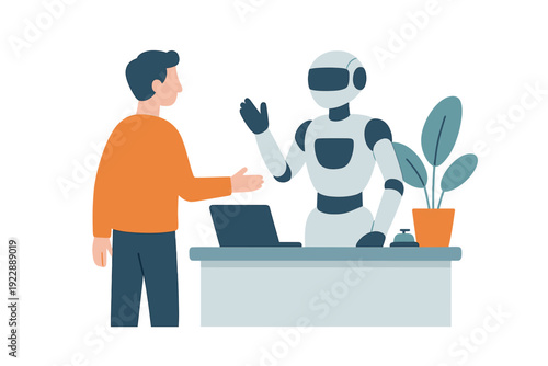 A flat vector illustration of a man in an orange shirt interacting with a white humanoid robot at a reception desk with a laptop and a potted plant in a modern office setting.