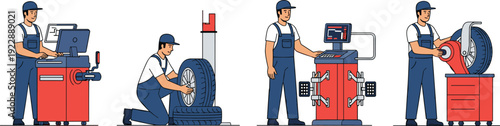 Tire service mechanic illustration set, wheel balancing alignment and replacement equipment in auto repair workshop, automotive maintenance concept