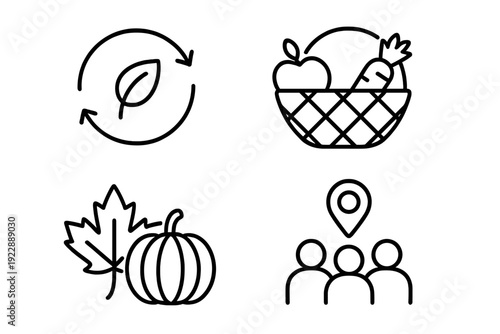 A set of four minimalist black line art icons representing sustainability, fresh produce in a basket, autumn harvest with a pumpkin and leaf, and a local community location.