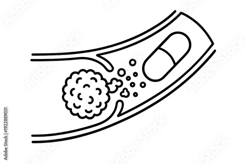 A black and white line art illustration depicting a medical capsule traveling through a blood vessel to target a large cell, representing drug delivery and targeted therapy.