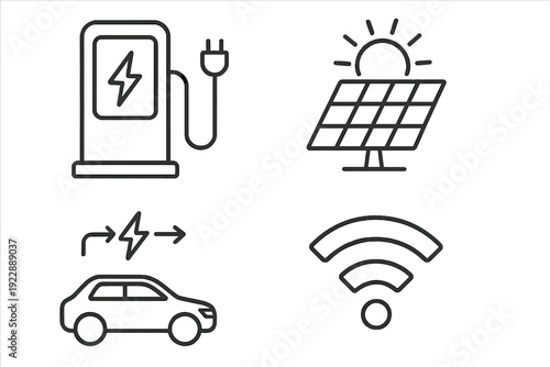 A set of four minimalist line icons representing sustainable technology, including an electric vehicle charging station, solar panels, an electric car, and a wireless signal symbol.