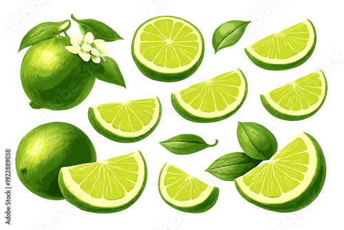Digital illustration featuring fresh green limes in various forms, including whole fruit, halves, and wedges, along with lush leaves and a delicate white flower on black.