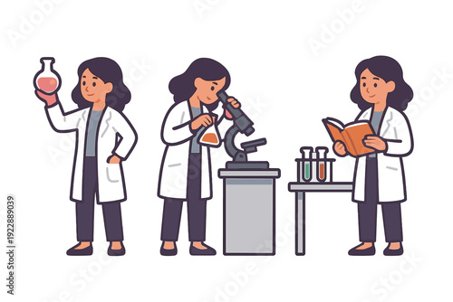 A set of three illustrations depicting a female scientist in a black lab coat conducting research with a microscope, holding chemical flasks, and reading a book in a lab.
