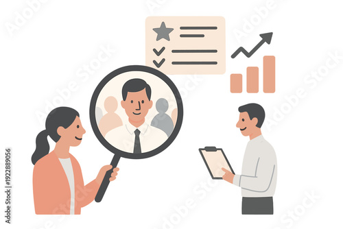 Illustration of a recruitment process where a woman uses a magnifying glass to select a candidate. A man holds a clipboard next to a checklist and a rising bar graph.