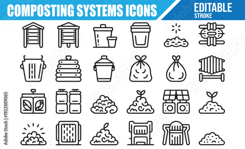 Vector collection of compost bins, piles, and gardening tool icons.