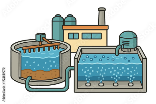 This illustration shows a wastewater treatment plant with a sedimentation tank and an aeration basin. The facility includes industrial buildings, silos, and a chimney in the background.