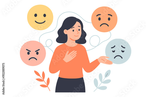 A flat vector illustration of a woman surrounded by four circular icons representing different emotions like happiness, anger, and sadness, symbolizing mental health and self-awareness.