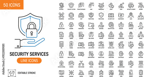 Set of 50 editable security services line icons for cybersecurity data protection surveillance and digital privacy management