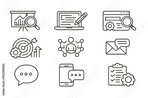 A set of nine white line icons on a black background representing digital marketing, business strategy, communication, search engine optimization, and task management concepts.