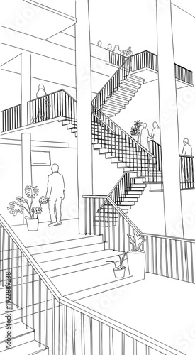 Modern architectural interior line art illustration featuring a multi-level staircase with people in a contemporary office building or university lobby
