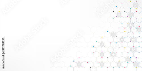 Medical background and healthcare technology with flat icons and symbols. Concept and idea for health care business, innovation medicine, health safety, science, medical research, and development.