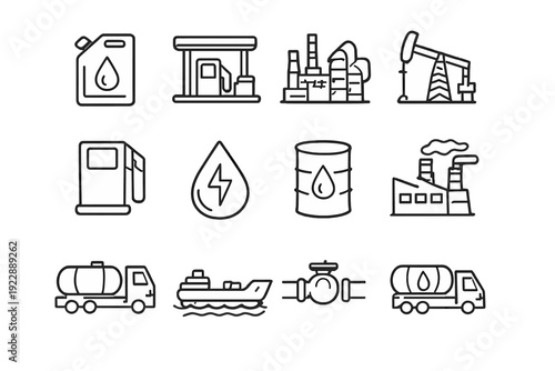 A collection of twelve white line icons representing the oil and gas industry, including refineries, fuel pumps, barrels, and transport vehicles, set against a solid black background.