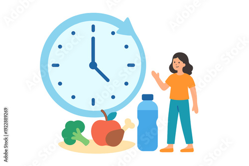 This flat vector illustration shows a woman standing beside a large clock and a plate of healthy food with a water bottle, symbolizing time-restricted eating and a healthy lifestyle.