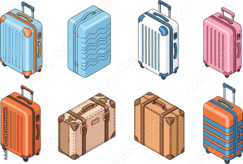 Travel suitcase collection illustration, modern rolling luggage and vintage baggage set, tourism journey accessories, vacation travel equipment, baggage concept