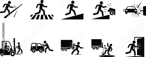 Workplace accident and safety hazard icons set, industrial risk situations, slip trip collision forklift truck incidents, warning signs, vector illustration