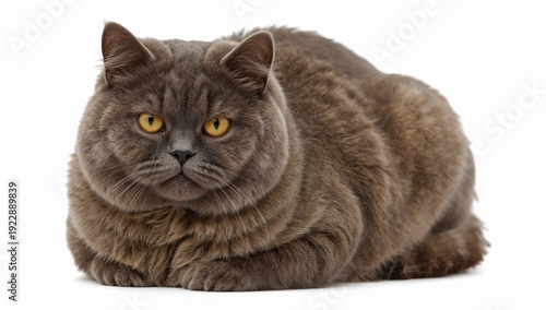 Scottish fold cat with round face, folded ears, dense smoky fur, and inquisitive yellow eyes on white background
