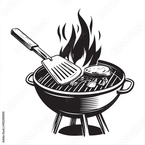 Grilling Barbecue with Spatula and Flames Illustration