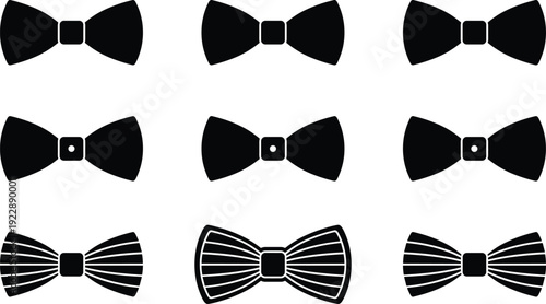 Bow tie silhouette collection with classic and striped variations, black formal accessory icons isolated on white background for fashion, wedding, and business design