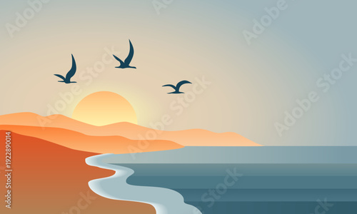  Welcome Peace  Calm Ocean Horizon with Birds Styliz