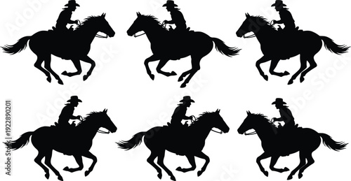 Cowboy riding horse silhouette collection, black western rider galloping stallion icons isolated on white background, ranch rodeo and equestrian illustration set