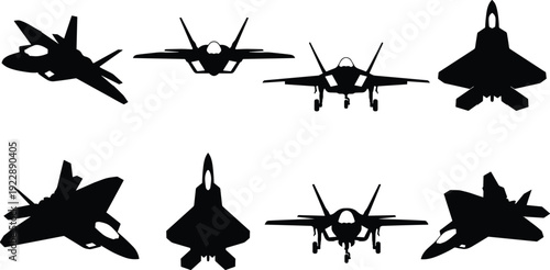 Fighter jet silhouette collection in multiple angles, black military aircraft icons isolated on white background for aviation, air force, and defense illustration set