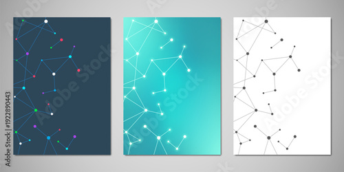 Vector template for brochure or cover with molecular structure background and connected lines and dots. Medicine, science and digital technology concept