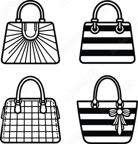 Women fashion handbag icons set featuring luxury purses with stripes, grid patterns, bow details, and elegant handle designs in vector outline.